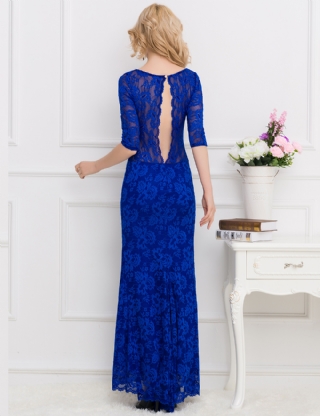 Royal Blue Lace Floral Long Party Dress