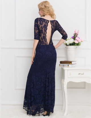 Navy Blue Lace Floral Long Party Dress