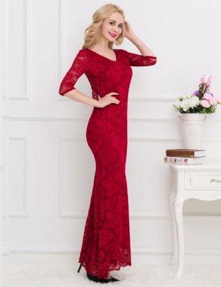 Backless Half Sleeve Red Long Dress