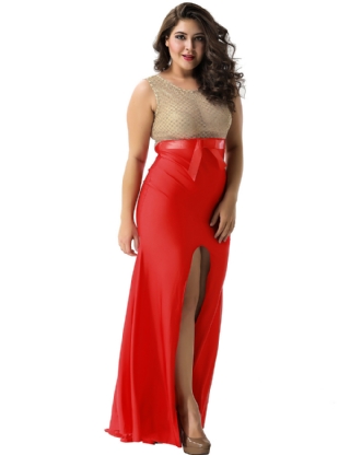 Plus Size Amazing Gold Lace Red Slit Evening Gown*