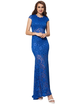 Blue Lace Backless Short Sleeve Party Gown