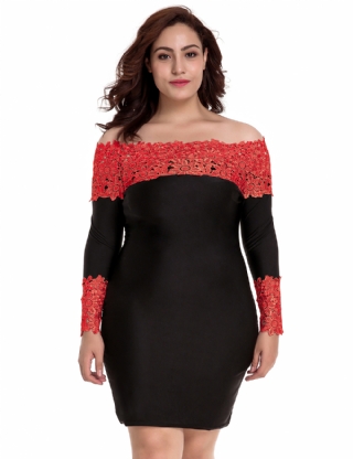 Plus Size Long Sleeve Off-Shoulder Fashion Lace Dress