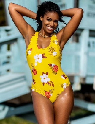 Flower Style Women One Piece Yellow Swimwear