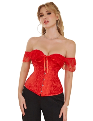 Red off Shoulder 12 Pieces Plastic Bones Lace Corsets with Panties