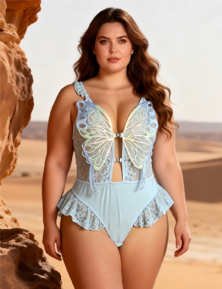 Blue Sexy Lace See Through Butterfly Bodysuit