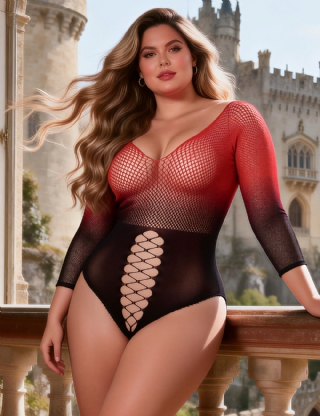 Black And Red Two-Color Gradient Stretchy Fishnet Bodystocking