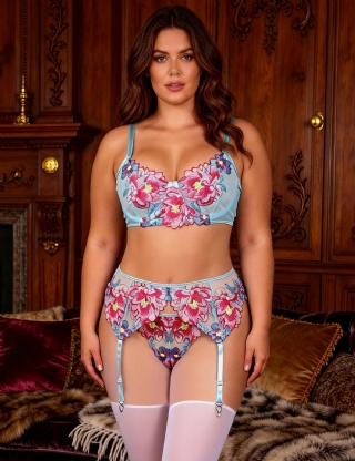 Blue Sexy Mesh Embossed Floral Bra Set with Garter Belt