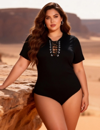 Open Crotch One-piece Short Sleeve Black Solid Color Fashion Bodysuit